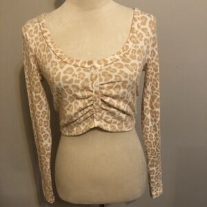 Leopard Print‎ Crop Top Long Sleeve Ruched Front Casual Shirt